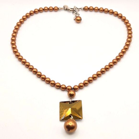 Emily Ray Bronze Tone Glass Faux Pearls Modern Square Crystal Pendant 925 Silver - Picture 3 of 6